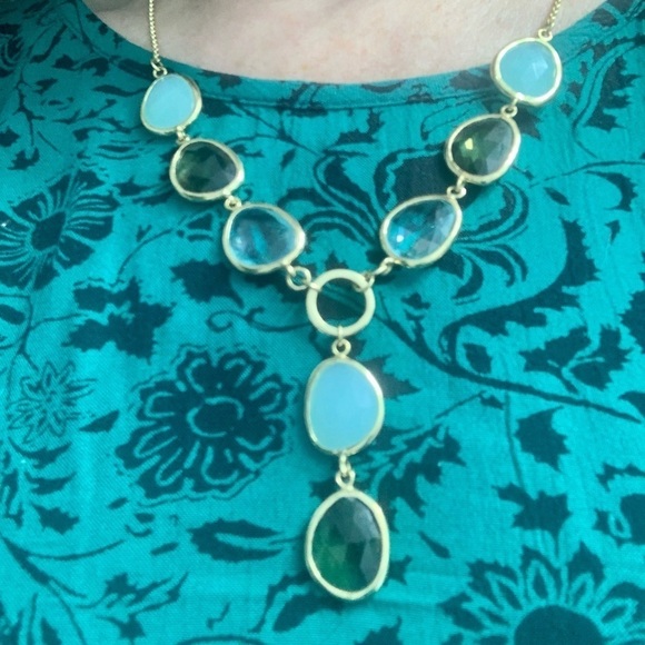 Boutique Necklace w/amber, translucent & aqua stones - 12 inches Boho Eclectic - Picture 1 of 6